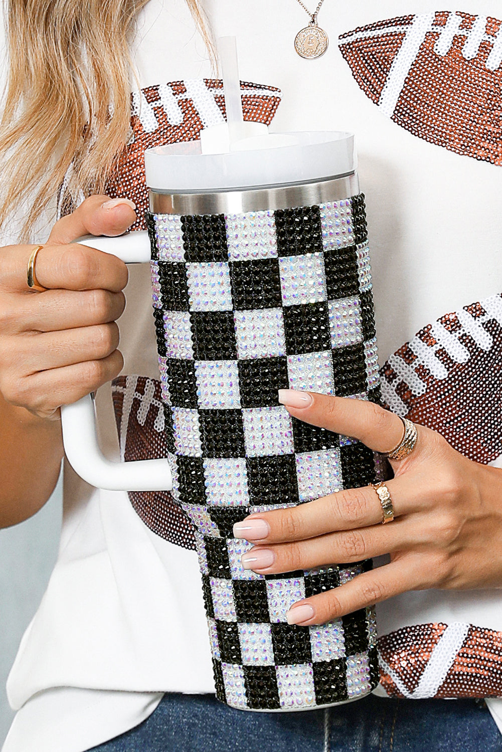 Full Rhinestone Checkerboard Handled Tumbler 40oz