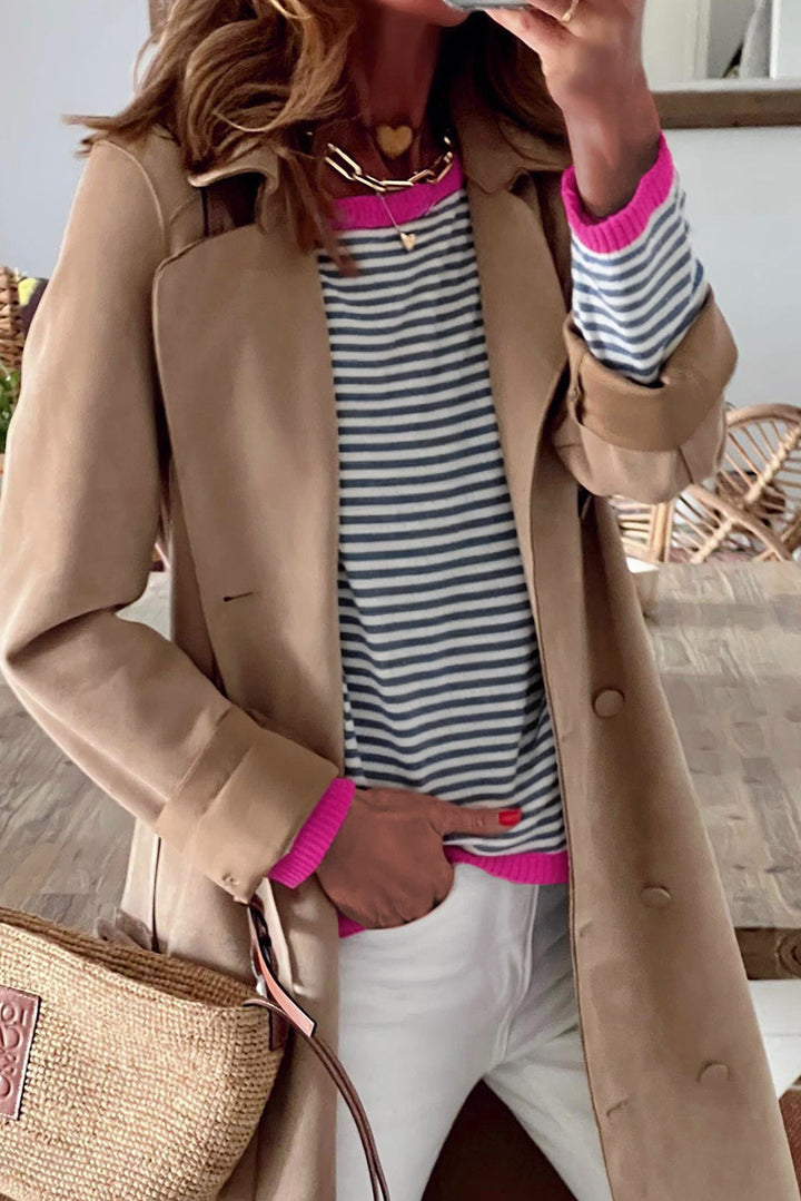 Sail Blue Striped Print Contrast Trim Drop Shoulder Sweater