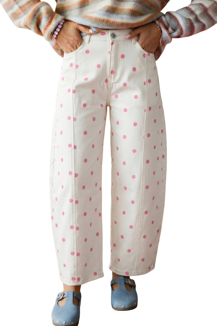 Pink Tailored Seam Polka Dot Print Barrel Casual Jeans