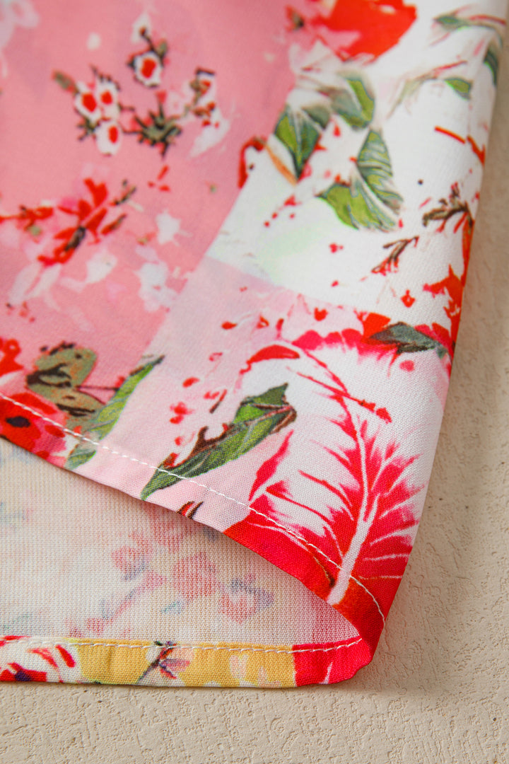 Pink Contrast Collared V Neck Short Sleeve Floral Blouse