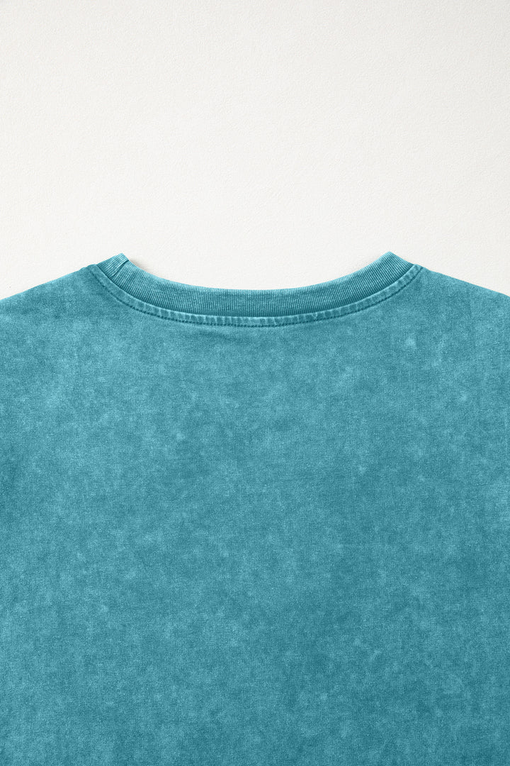 Turquoise Mineral Wash Western Embroidered Detail Short Puff Sleeve Cotton Tee
