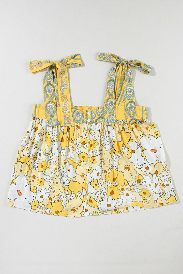 Floral Patchwork Tied Straps Buttoned Tank Top