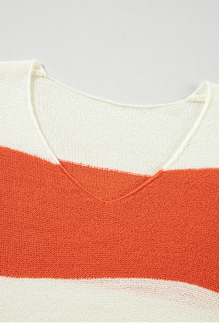 Orange Stripe Loose Color Block Drop Shoulder Bubble Sleeve Sweater