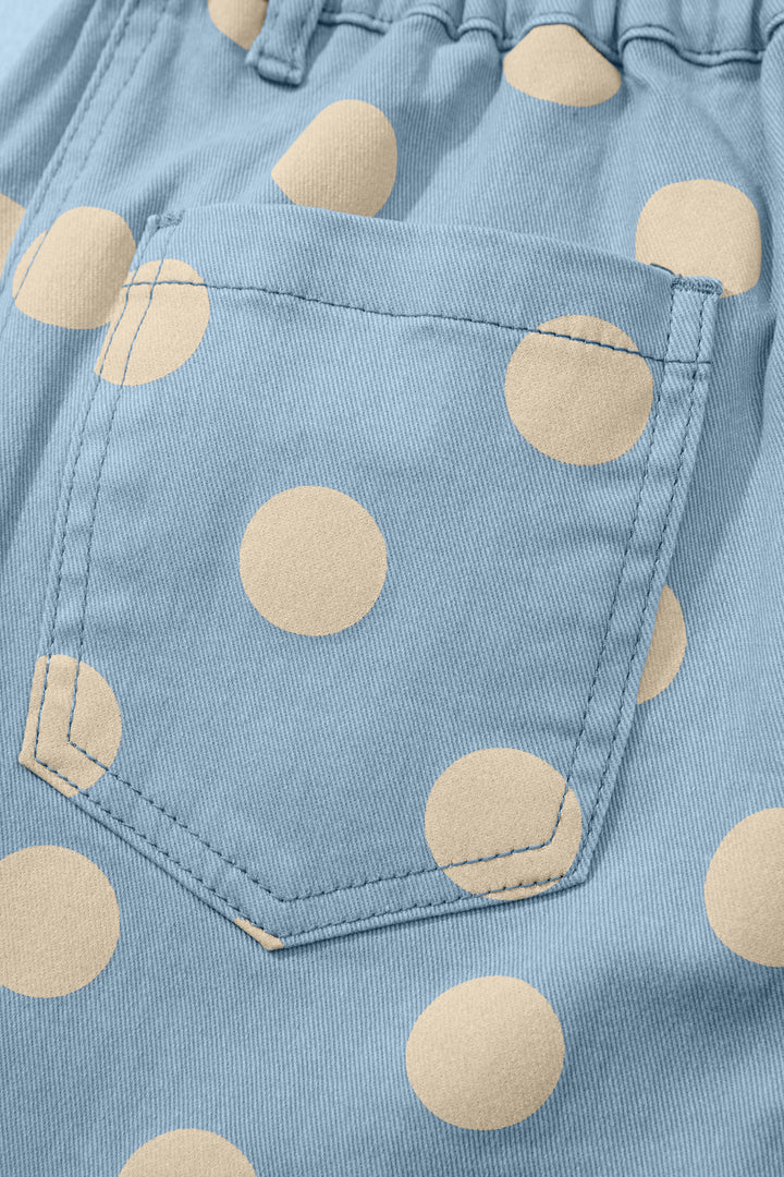 Sky Blue Polka Dot Print Bow Detail Pocketed Barrel Jeans
