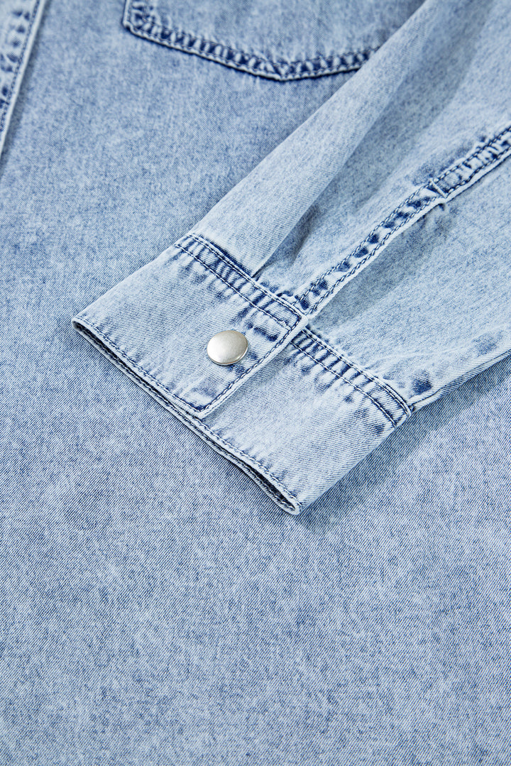 Chest Pocket Raw Hem Denim Loose Shirt Dress