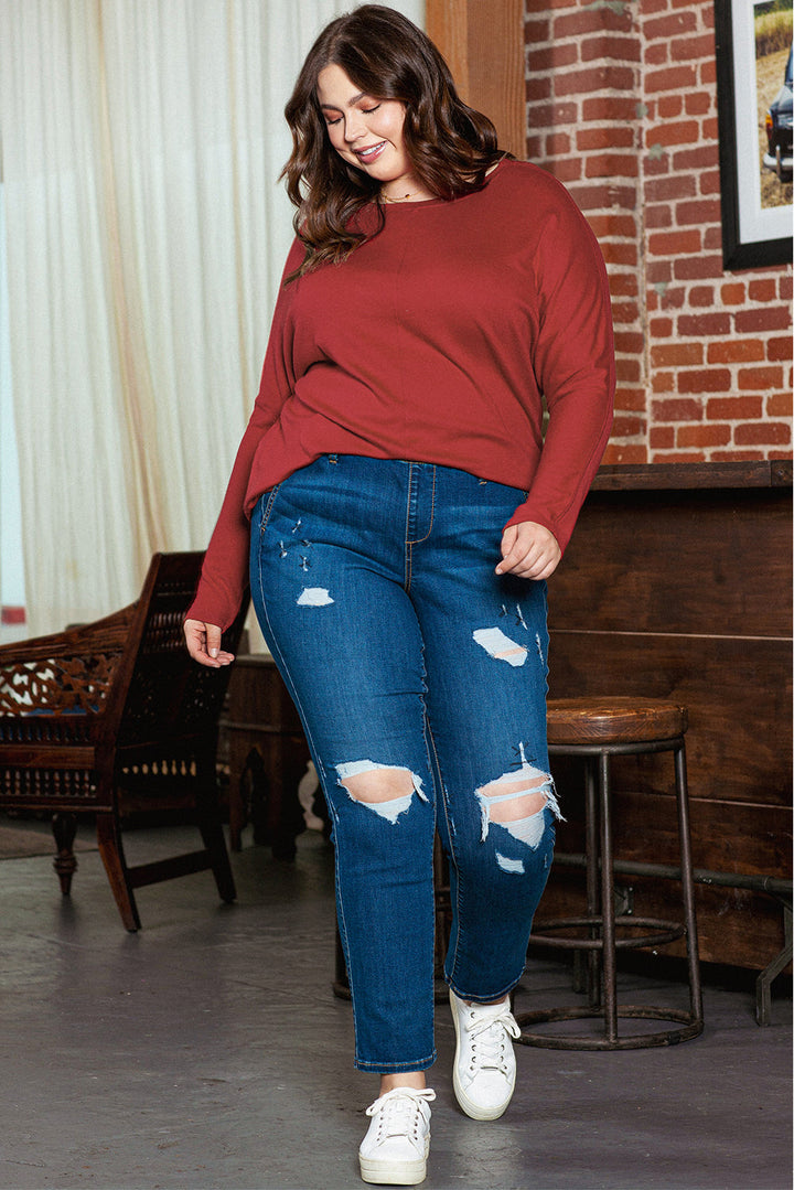 Piping Detail Plus Size Long Sleeve Top