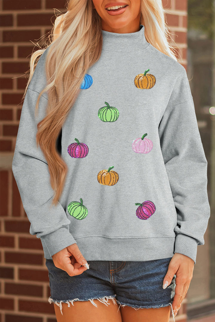 Casual Gray Sequin Pumpkin Patch Mock Neck Baggy Sweatshirt