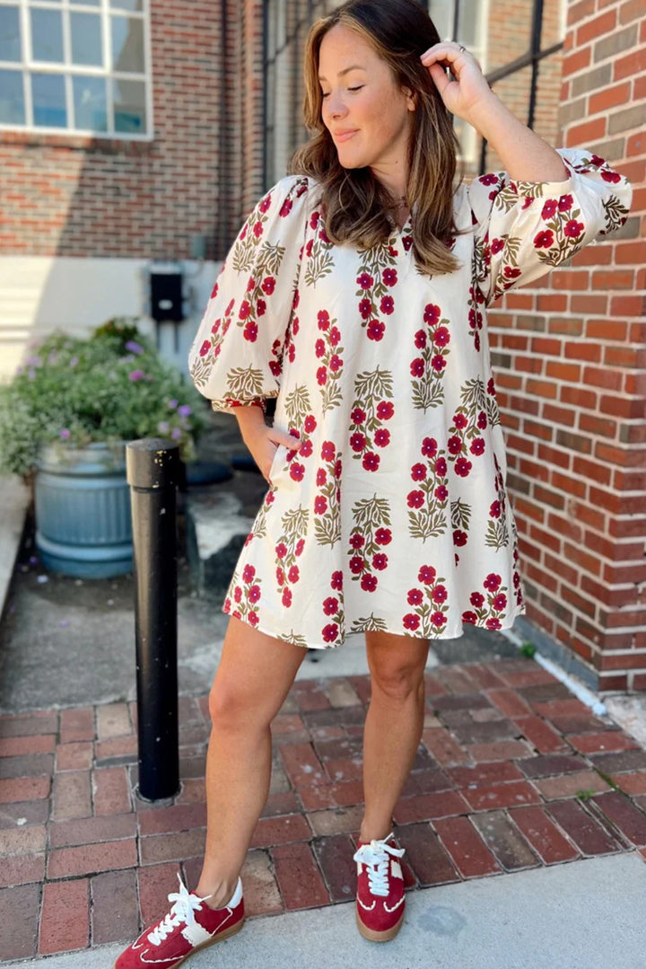 Floral Print V Neck 3/4 Sleeve Loose Mini Dress