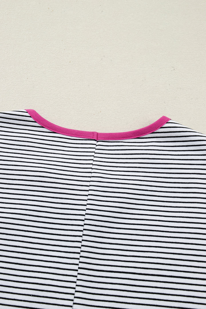 Rose Stripe Contrast Trim Round Neck Summer T Shirt