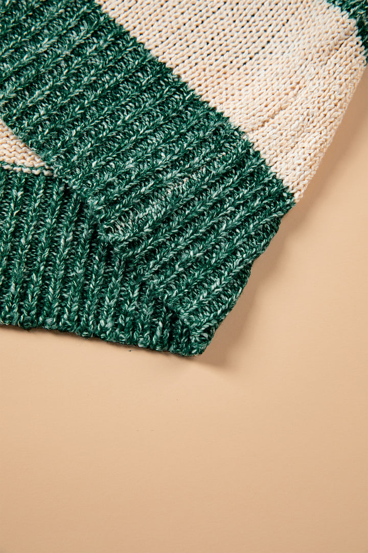 Green Stripe Colorblock Drop Shoulder Pullover Sweater