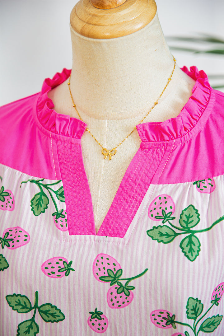 Striped Strawberry Printed Color Block Patchwork V Neck Flutter Sleeve Blouse