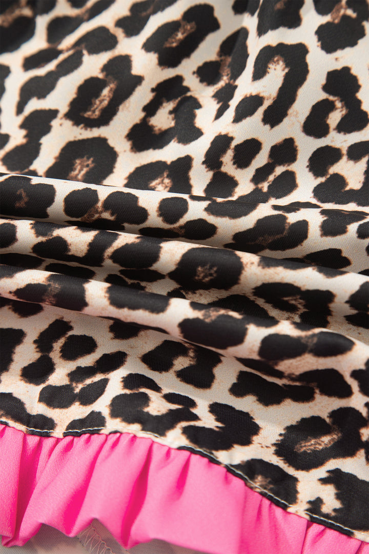 Khaki Leopard Print Contrast Ruffle Trim Shorts
