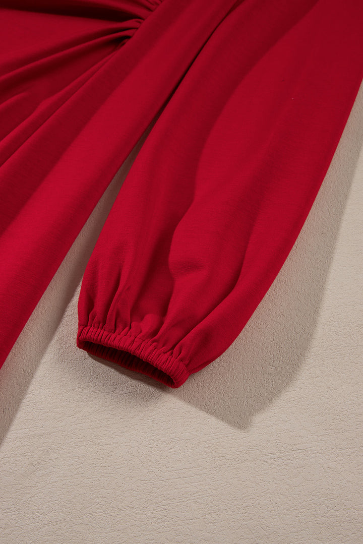Fiery Red Solid Color Ruched Detail Long Sleeve Midi Dress