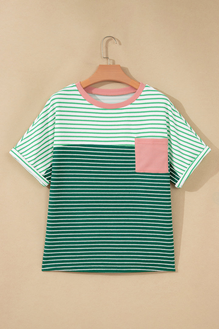 Green Stripe Contrast Print Color Block Detail Relaxed Tee