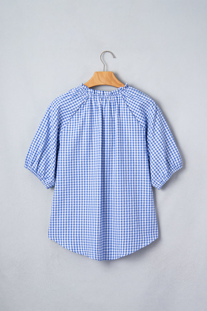 Sky Blue Summer Plaid V Neck Puff Sleeve Blouse
