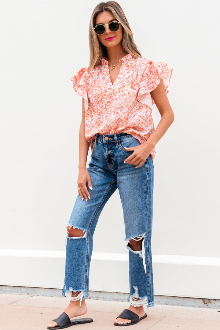 Floral Ruffle Sleeve Split Neck Blouse