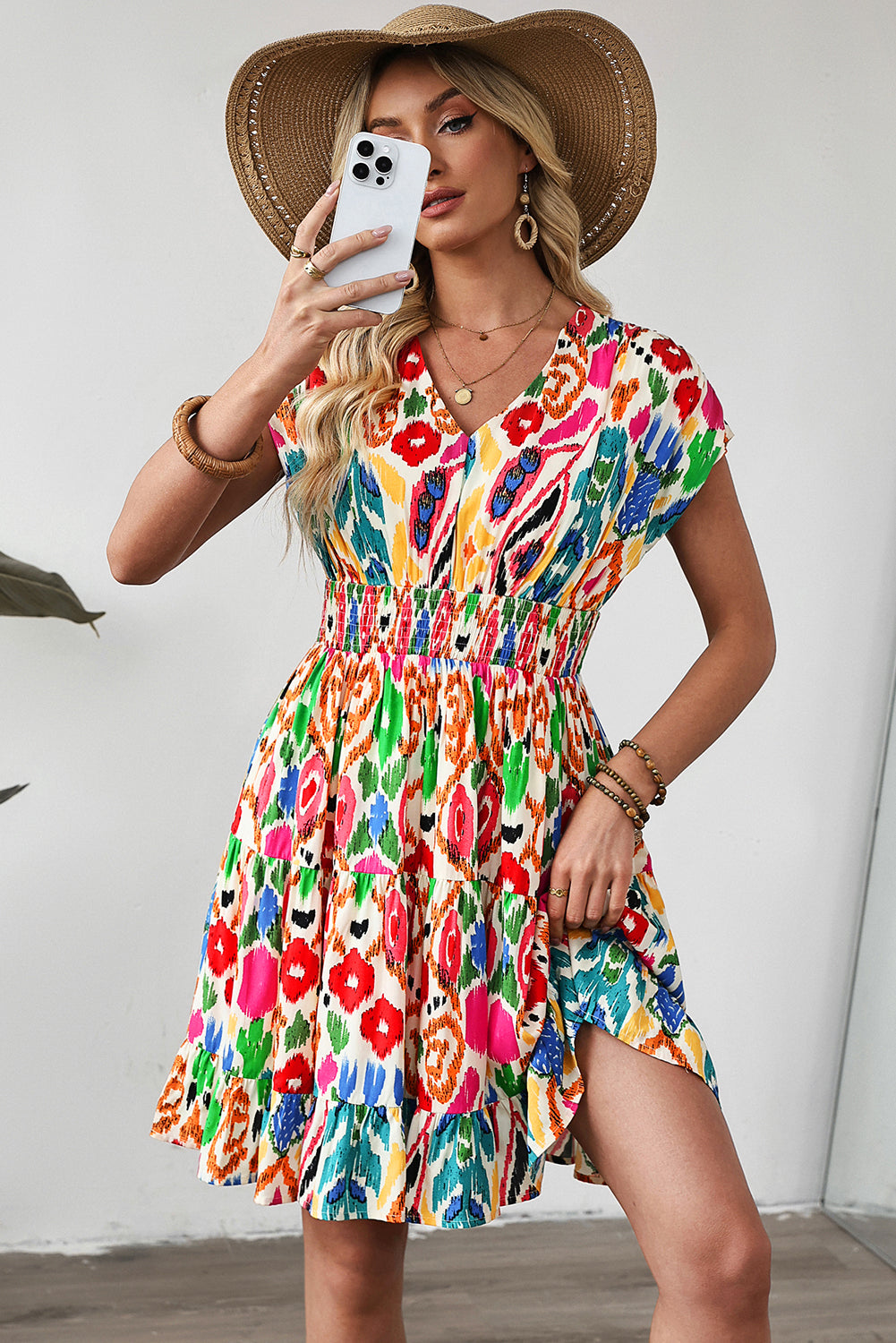 Sky Blue Abstract Print Dolman Sleeve Ruffle Tiered Mini Dress