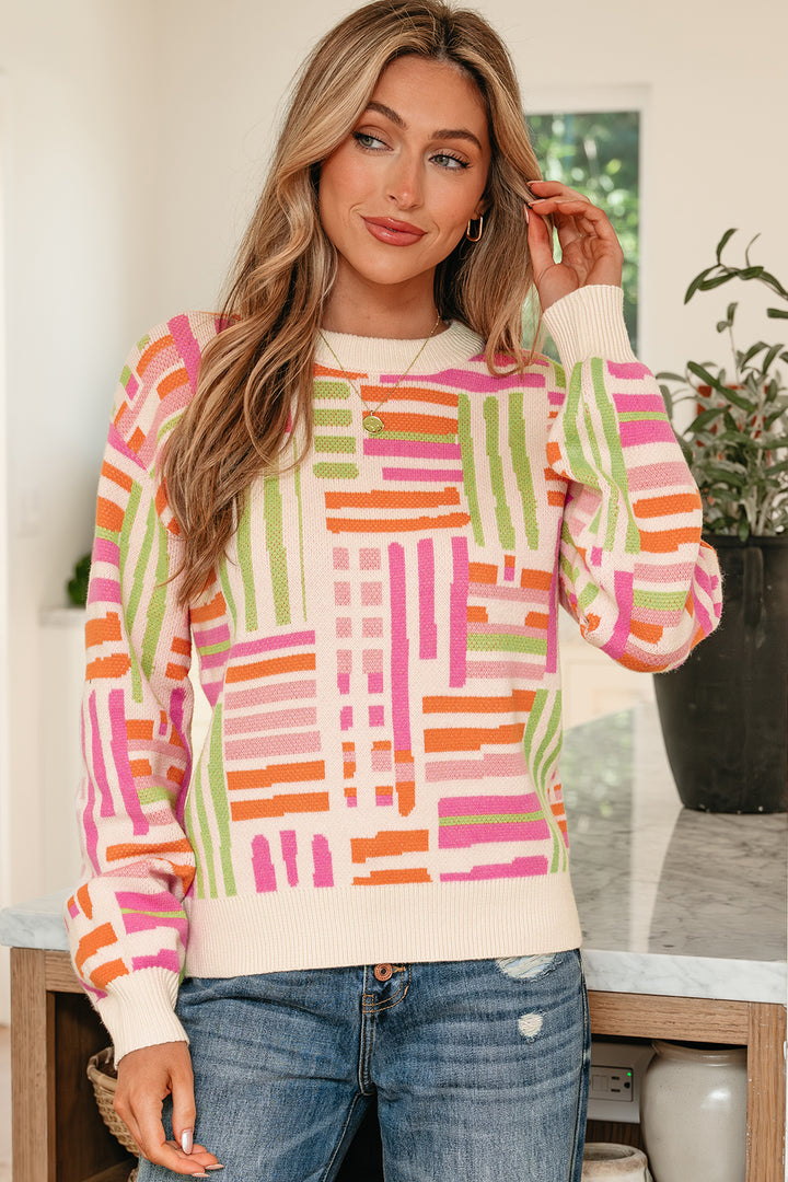 Love Lines Pattern Crew Neck Puff Sleeve Sweater