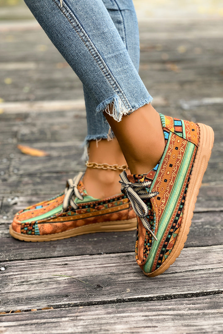 Ethnic Artistic Print Lace-up Detail Comfort Loafer Shoes