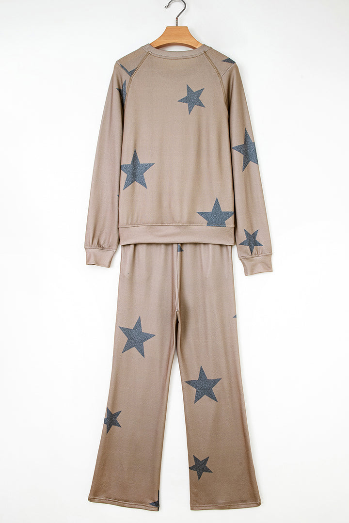 Khaki Retro Star Print Loose Long Sleeve Drawstring Wide Leg 2pcs Lounge Set
