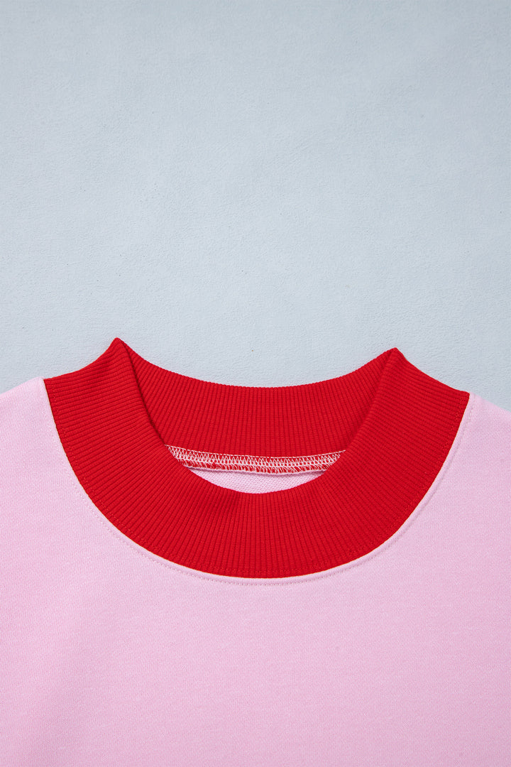 Pink Colorblock Trim Crewneck Long Sleeve Pullover Sweatshirt