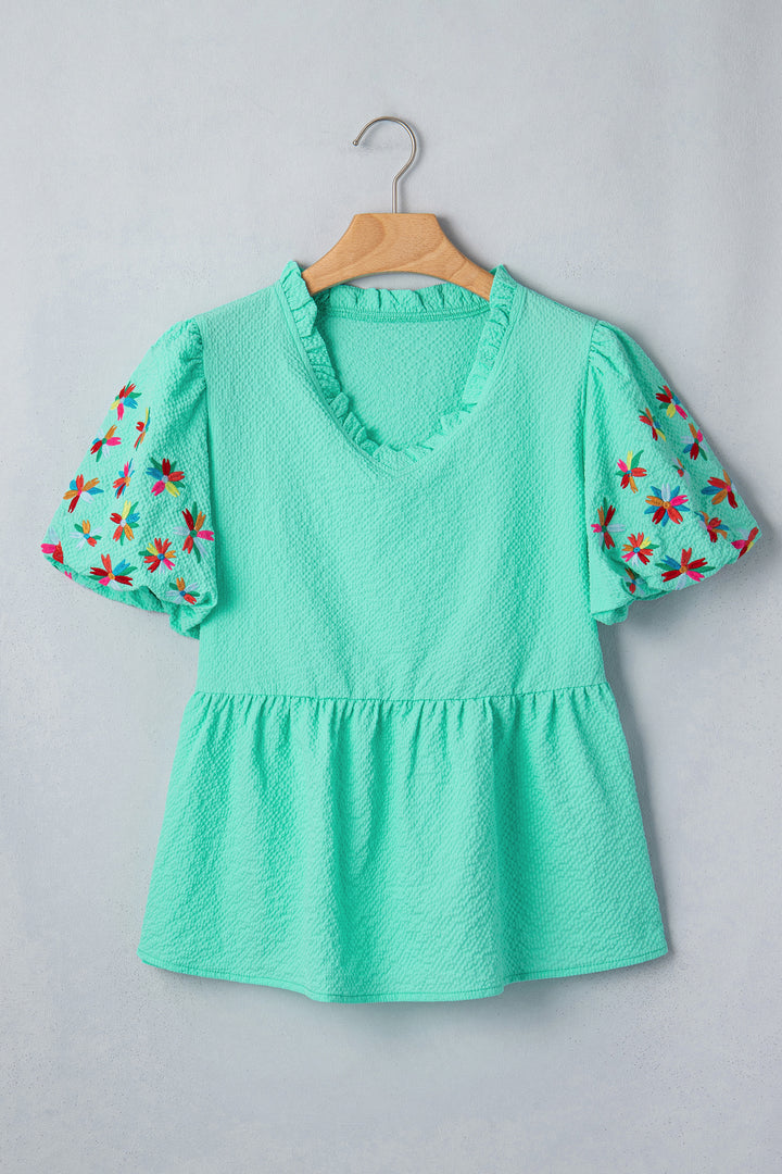 Mint Green Frilled V Neck Flower Embroidered Puff Sleeve Textured Blouse