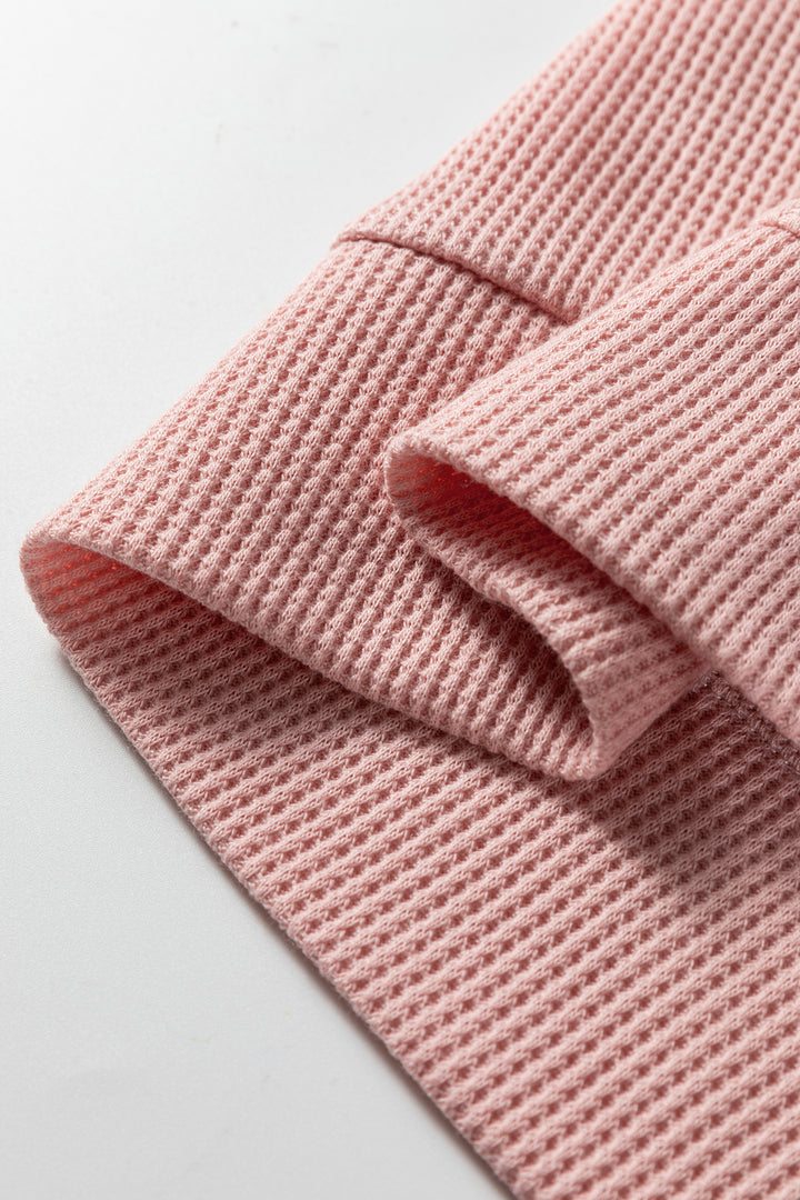 Gossamer Pink Lace Patchwork Raglan Sleeve Kangaroo Pocket Waffle Hoodie