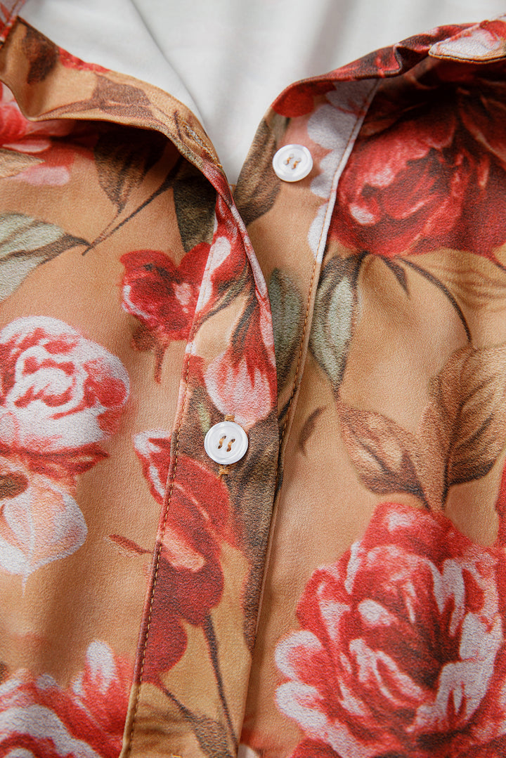 Brown Vintage Floral Print Shirt Style Half Button Long Sleeve Ruffle Mini Dress