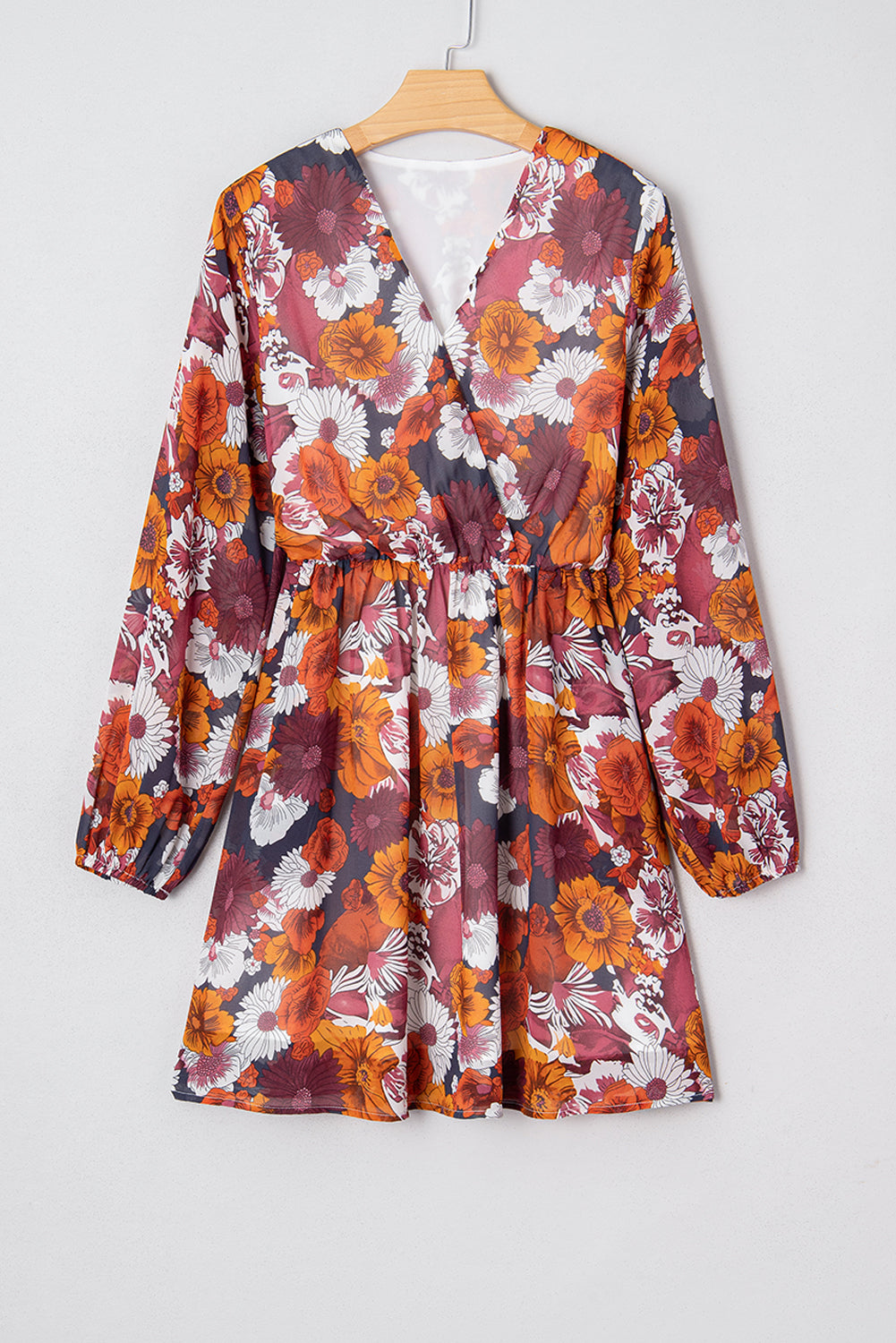 Floral Print Wrap V Neck Puff Sleeve Flowy Mini Dress