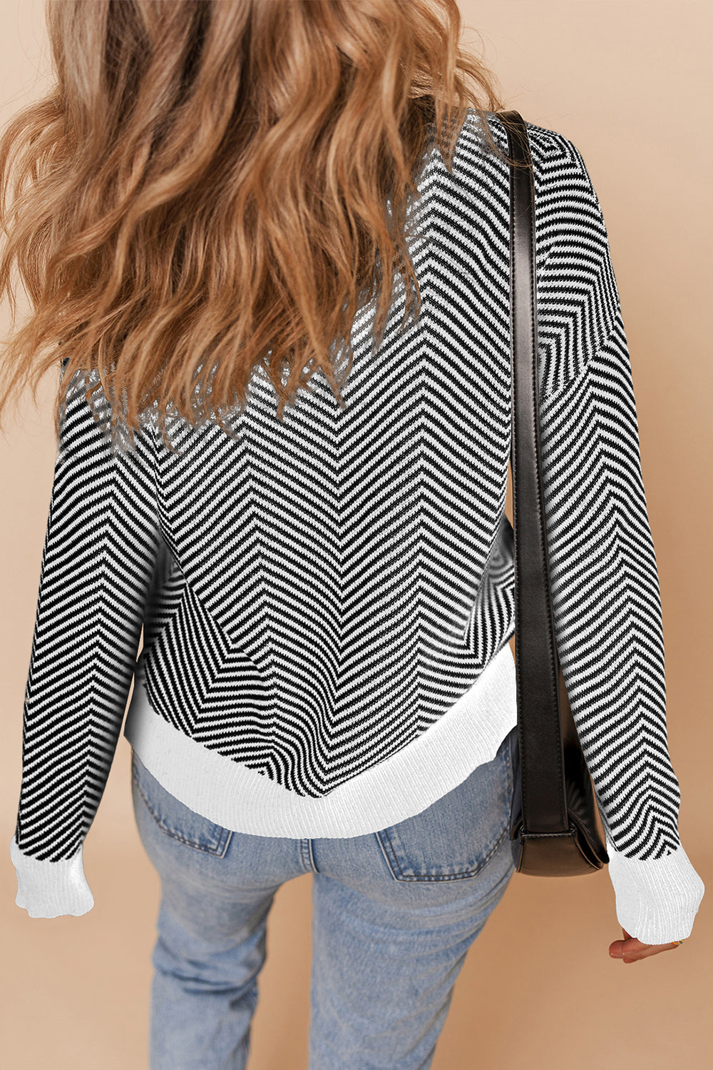 Buttoned Front V Neck Herringbone Cardigan