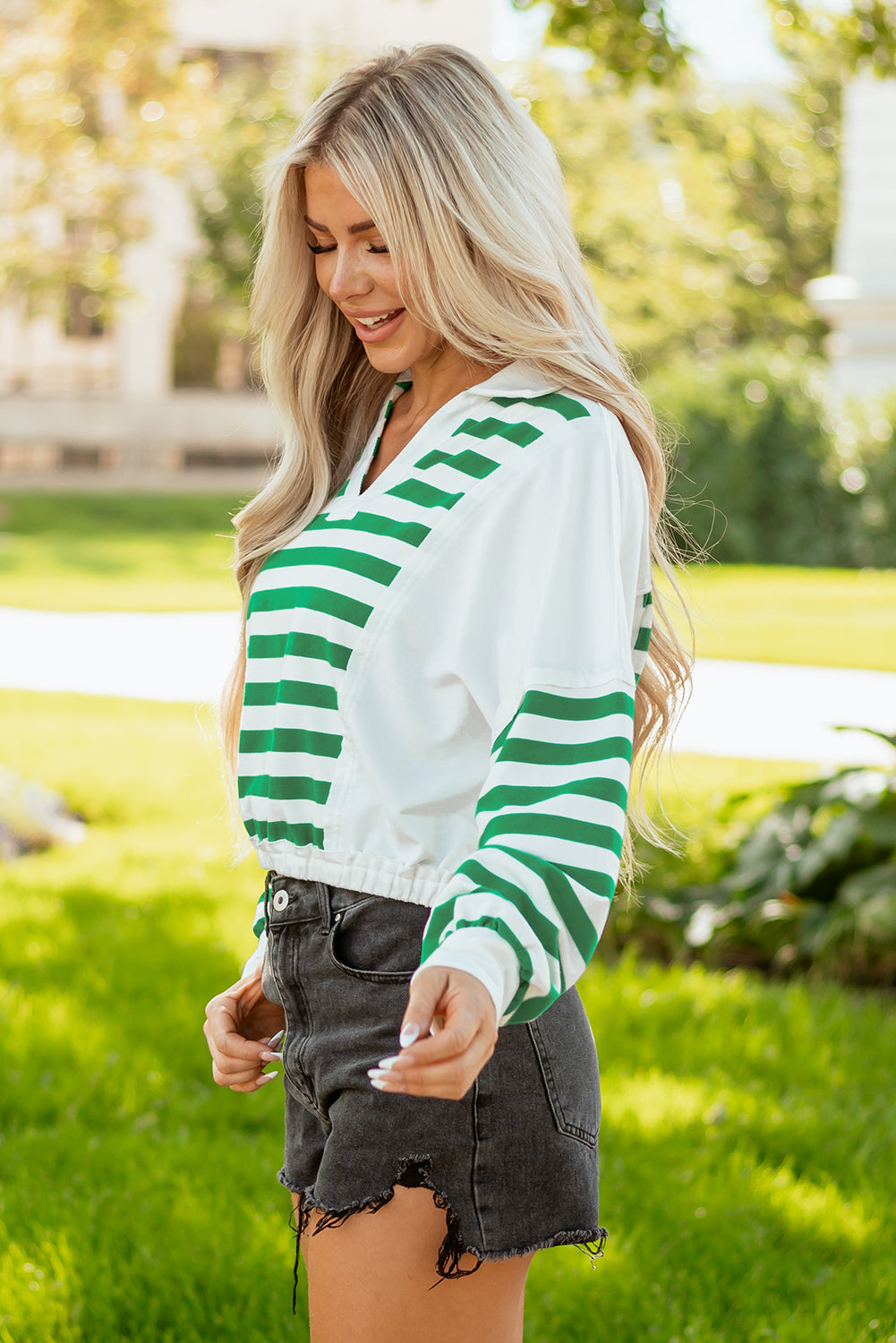 Colorblock Collared V Neck Cropped Knit Pullover