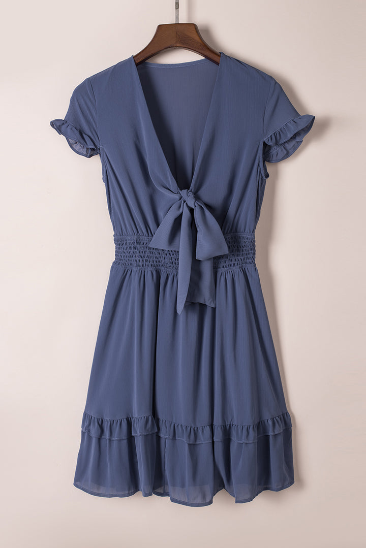 Blue Deep V Neck Self-tie Knotted Front Layered Flare Mini Dress