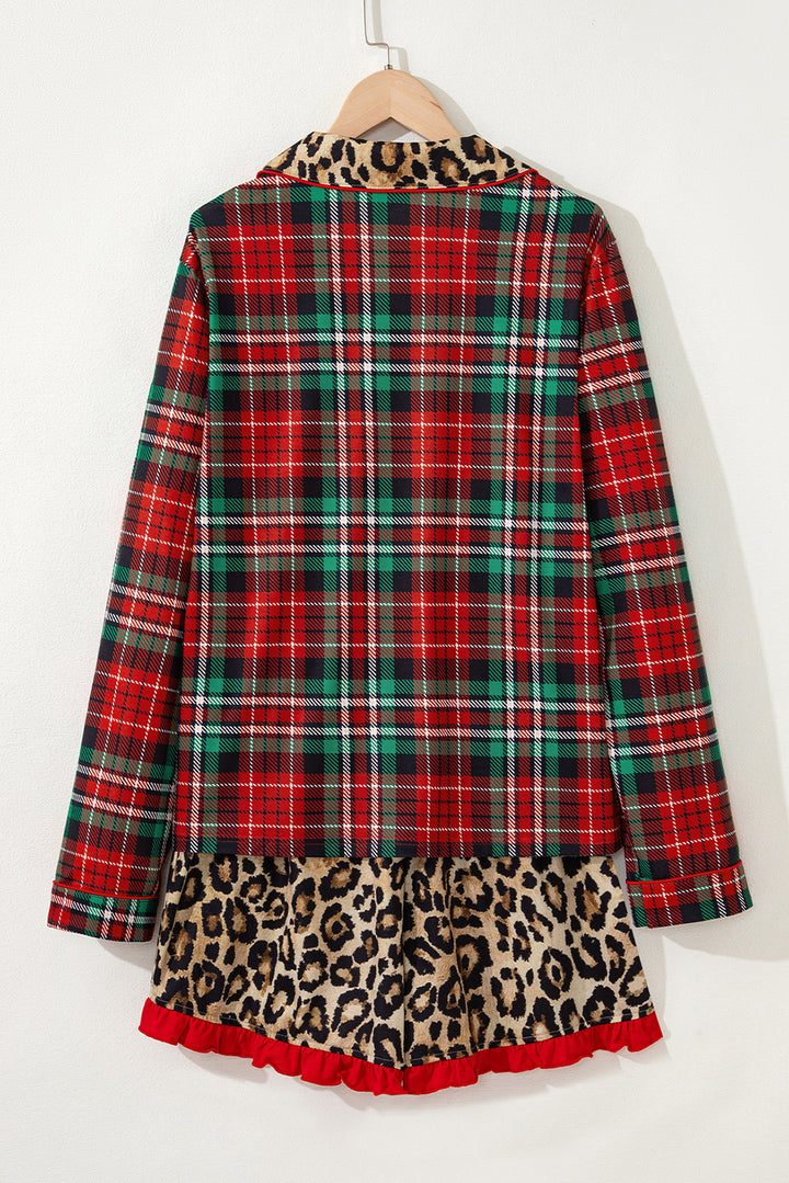 Racing Red Retro Plaid Leopard Print Patchwork Long Sleeve Shorts Pajama Set