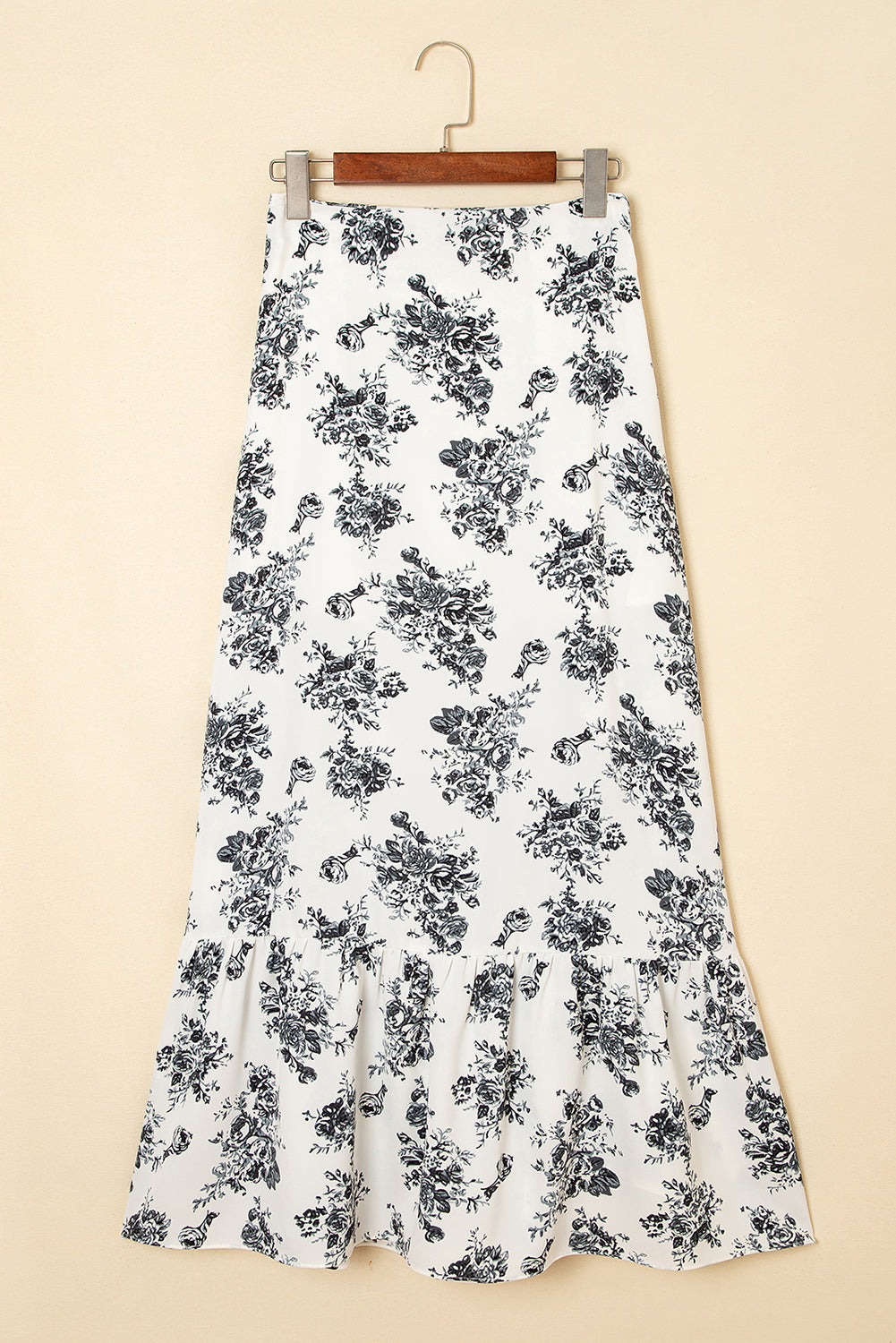 White Black Boho Floral High Waist Ruffle Split Maxi Skirt
