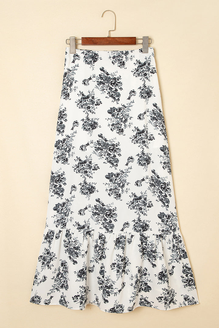 White Black Boho Floral High Waist Ruffle Split Maxi Skirt