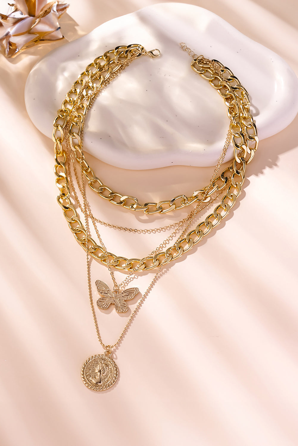 Plated Alloy Multilayer Butterfly Charm Necklace
