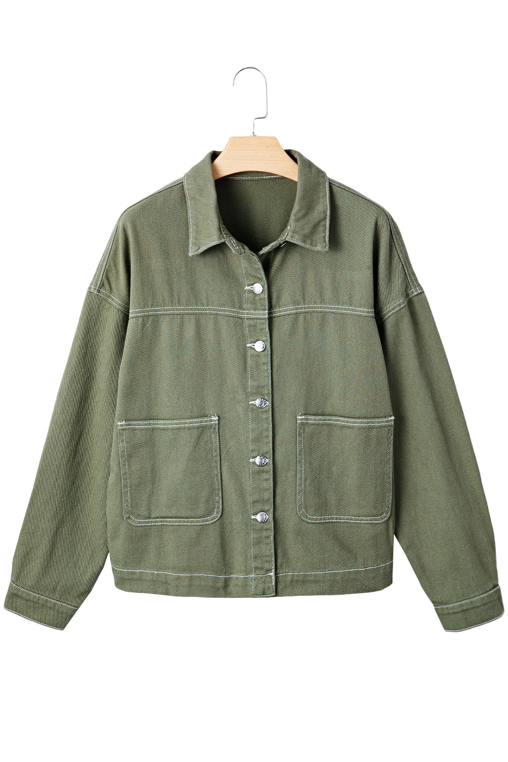 Patched Pocket Collared Button Front Boyfriend Denim Jacket