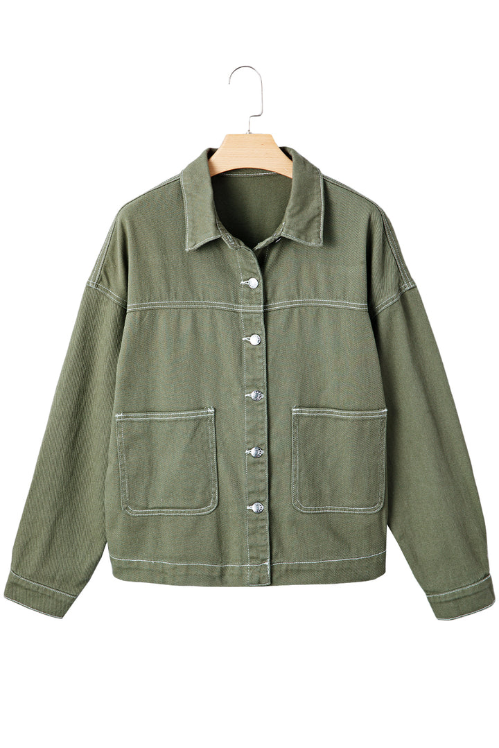Patched Pocket Collared Button Front Boyfriend Denim Jacket
