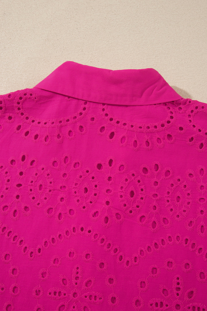 Chic Rose Red Solid Color Eyelet Embroidered Mini Dress
