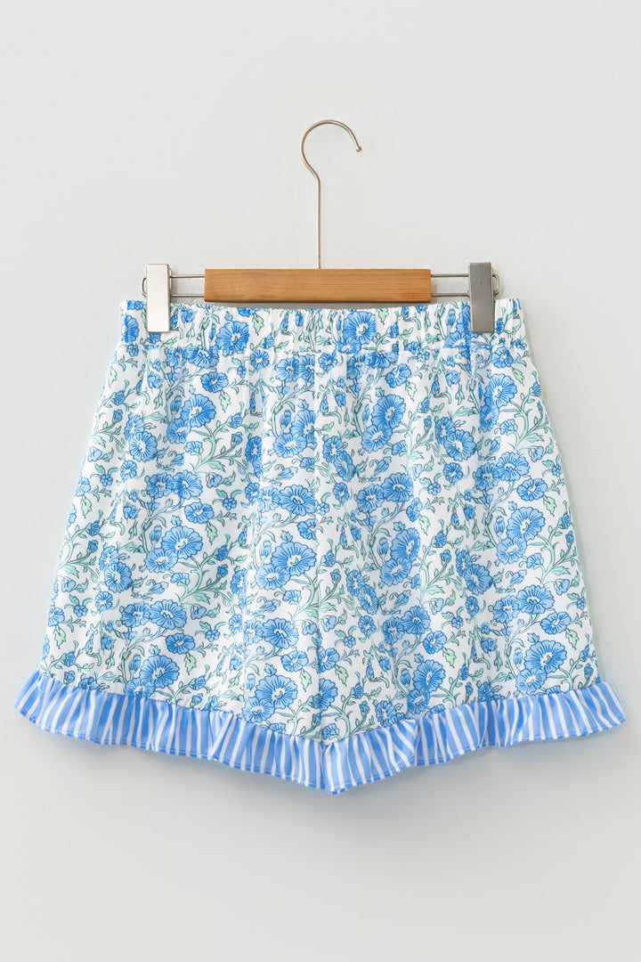 Sky Blue Summer Floral Striped Ruffle Hem Lace Tie Shorts