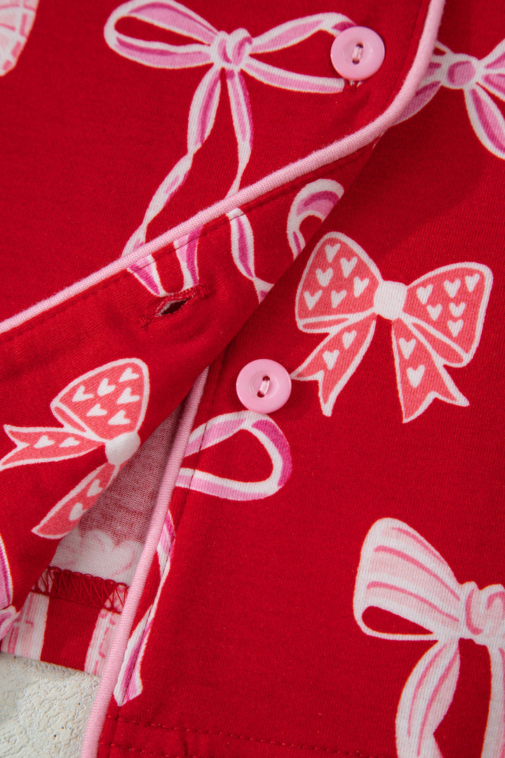 Red Sweet Bow Print Ruffled Short Sleeve Shirt Shorts 2pcs Pajama Set