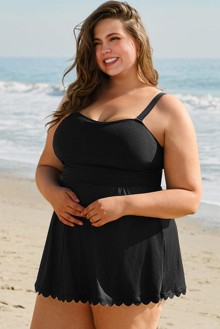 Plus Size Textured Scalloped Trim Swim Dress with Panty