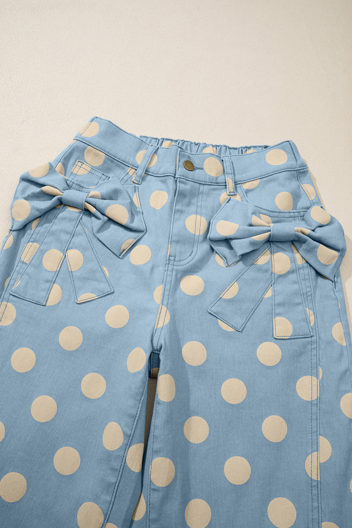 Sky Blue Polka Dot Print Bow Detail Pocketed Barrel Jeans