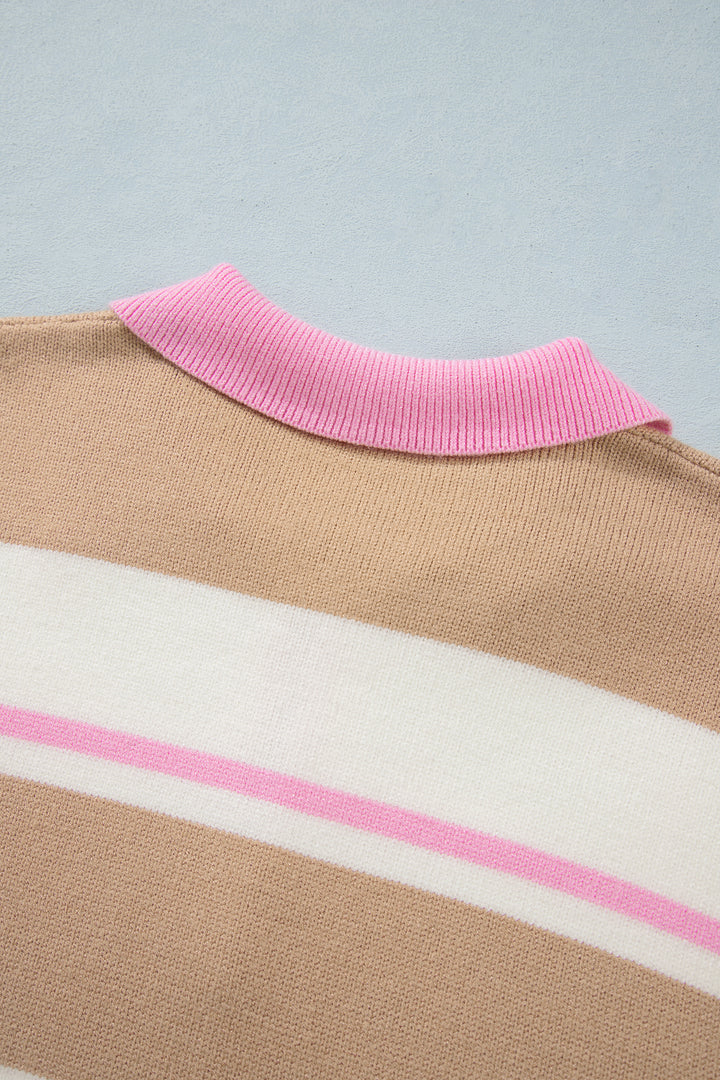 Khaki Stripe Button Placket Long Sleeve Sweater