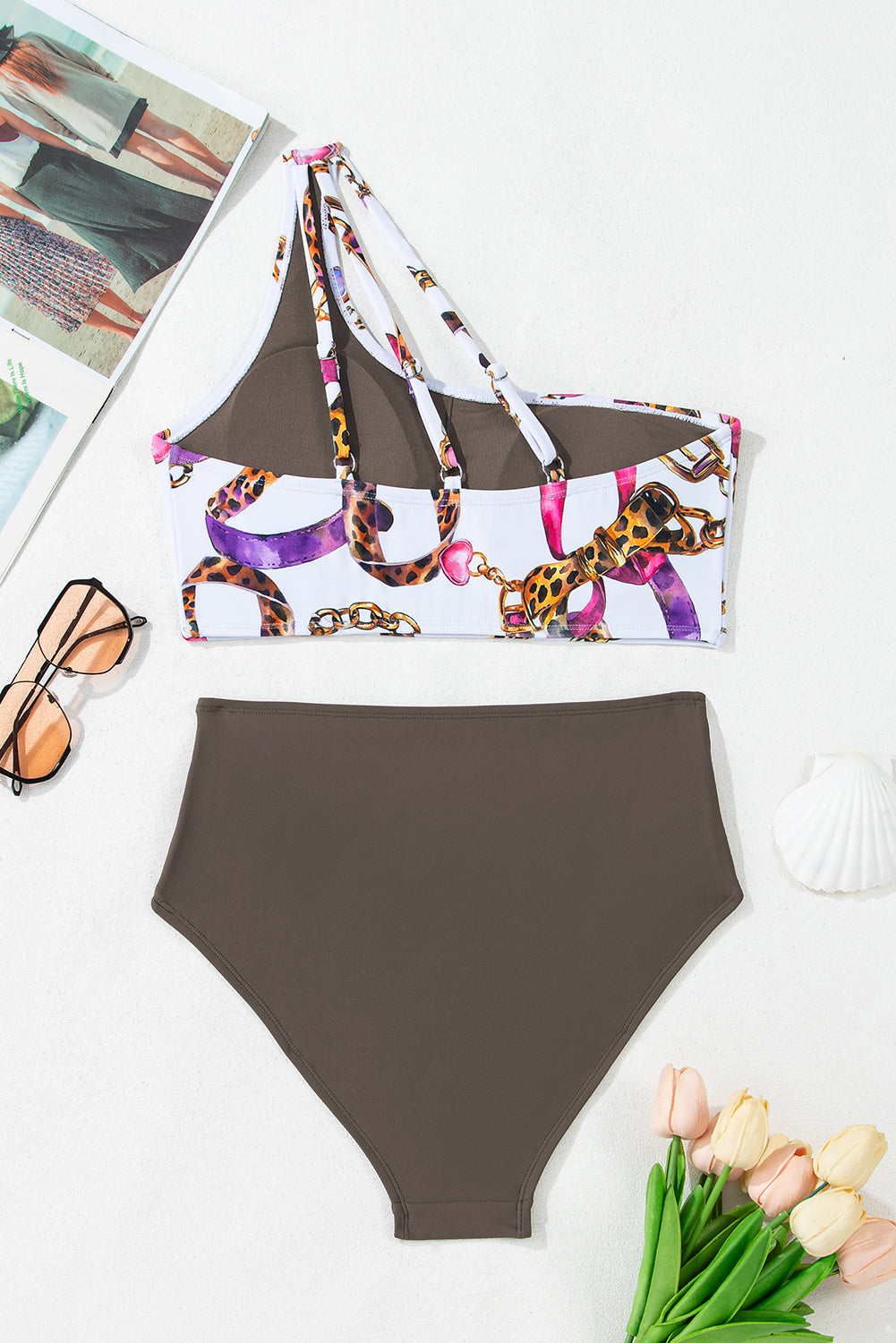 abstract print one shoulder ring linked high waist bikini