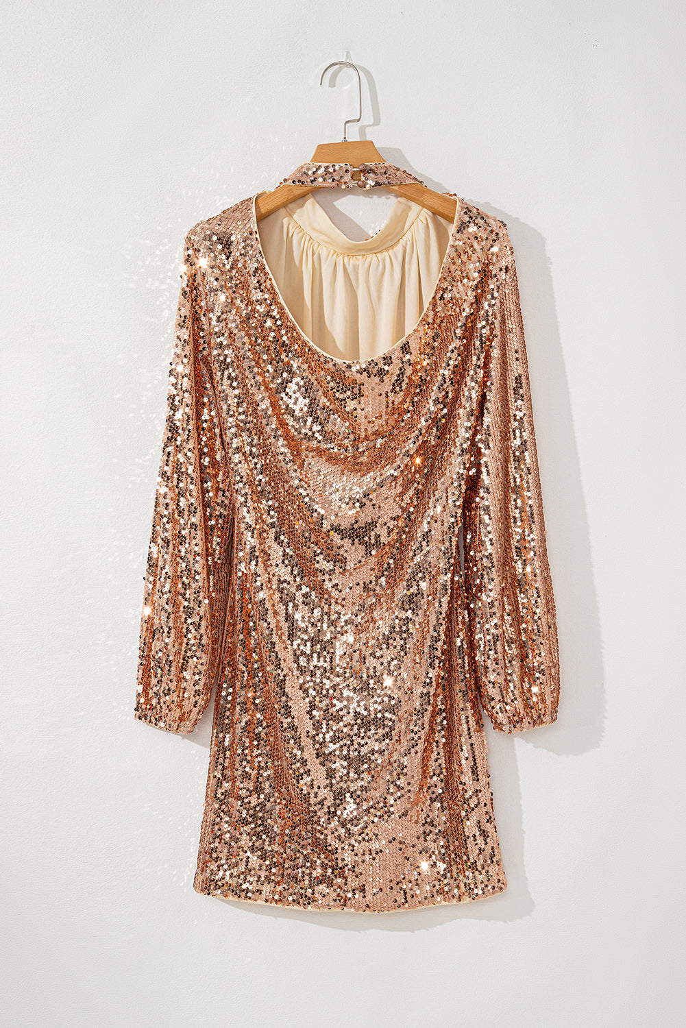 Gold Sequined Long Sleeve Cutout Back Cocktail Party Mini Dress