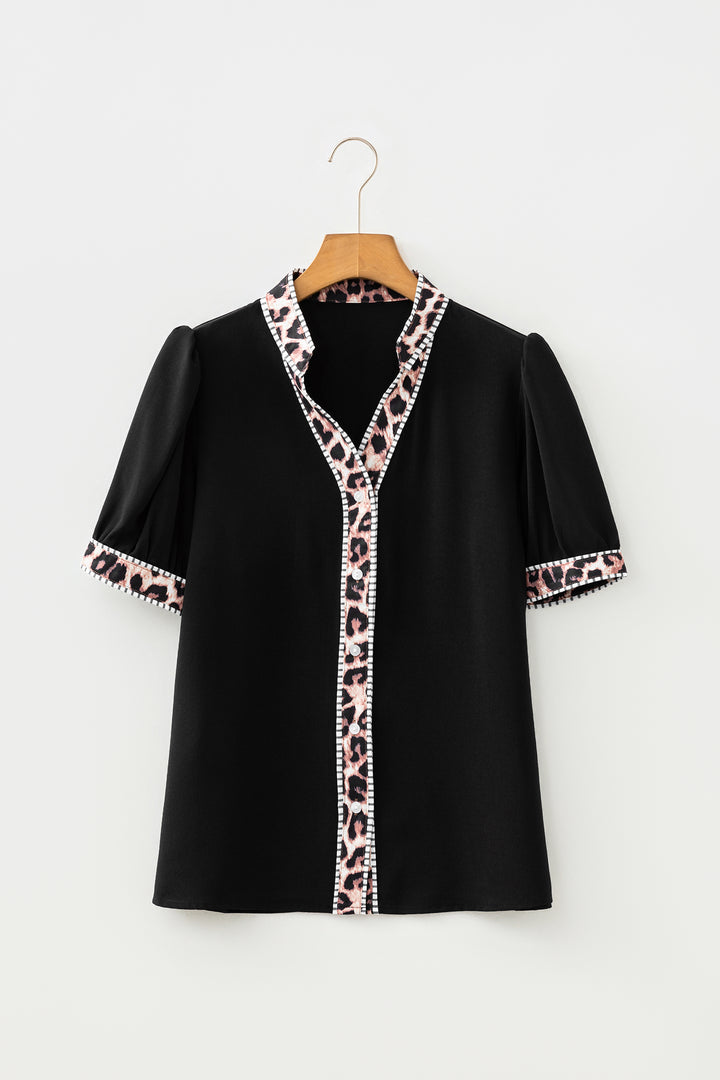 Black V Neck Short Puff Sleeve Contrast Striped Leopard Trim Button Down Shirt