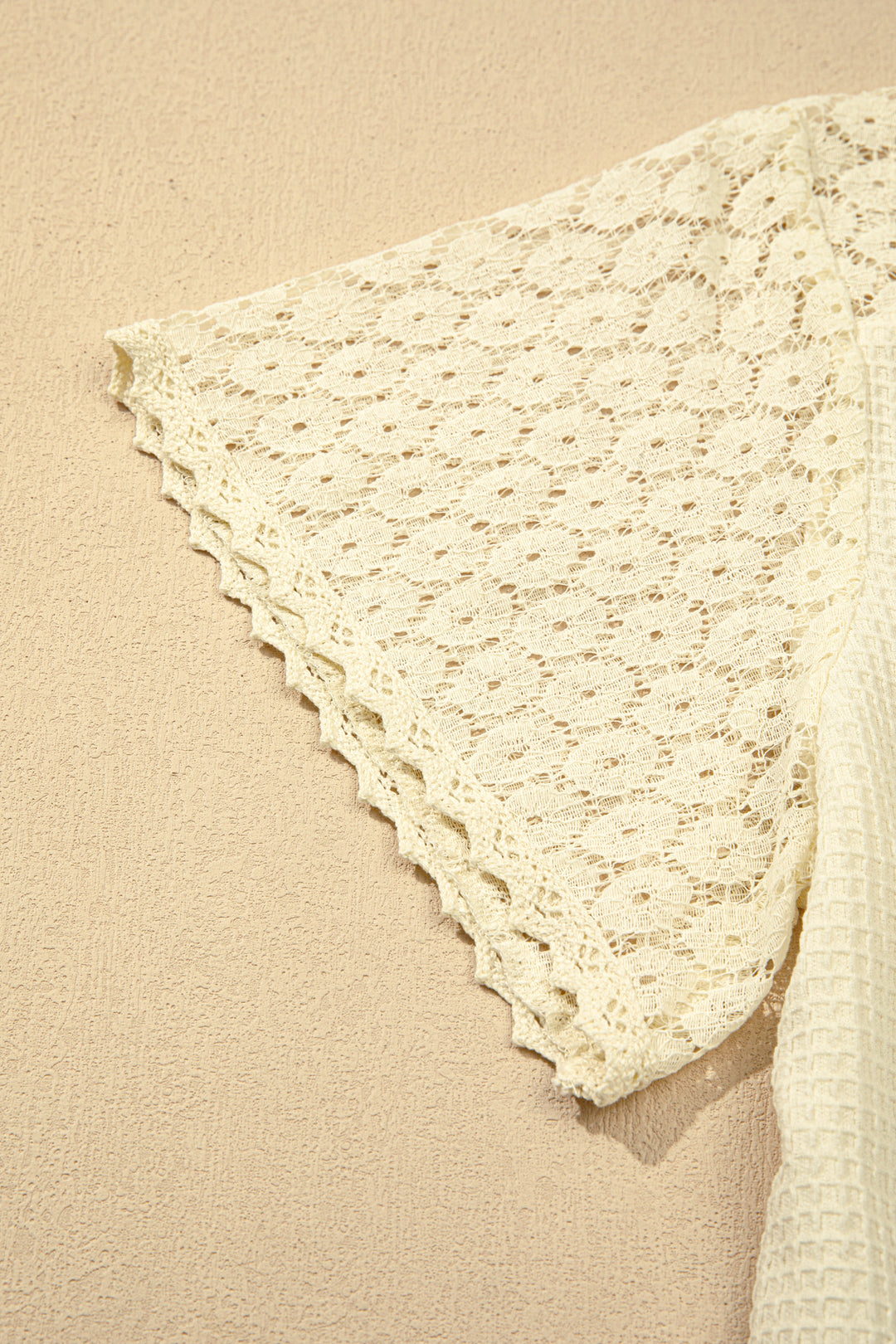 Beige Lace Splicing Button Cutout V Neck Waffle Knit Blouse