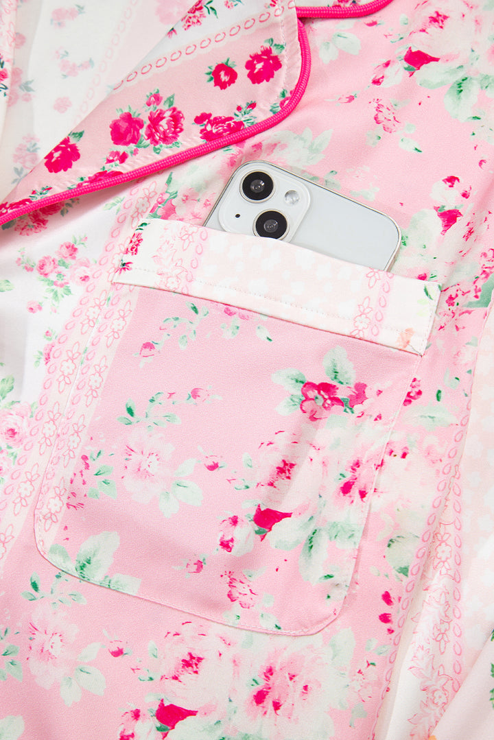 Pink Mixed Floral Print Contrast Piping Trim Satin Tie 2pcs Pajama Set