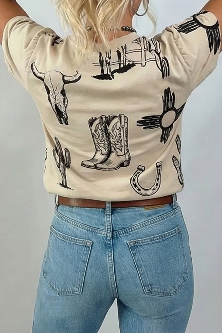 Beige Retro Western Print T Shirt